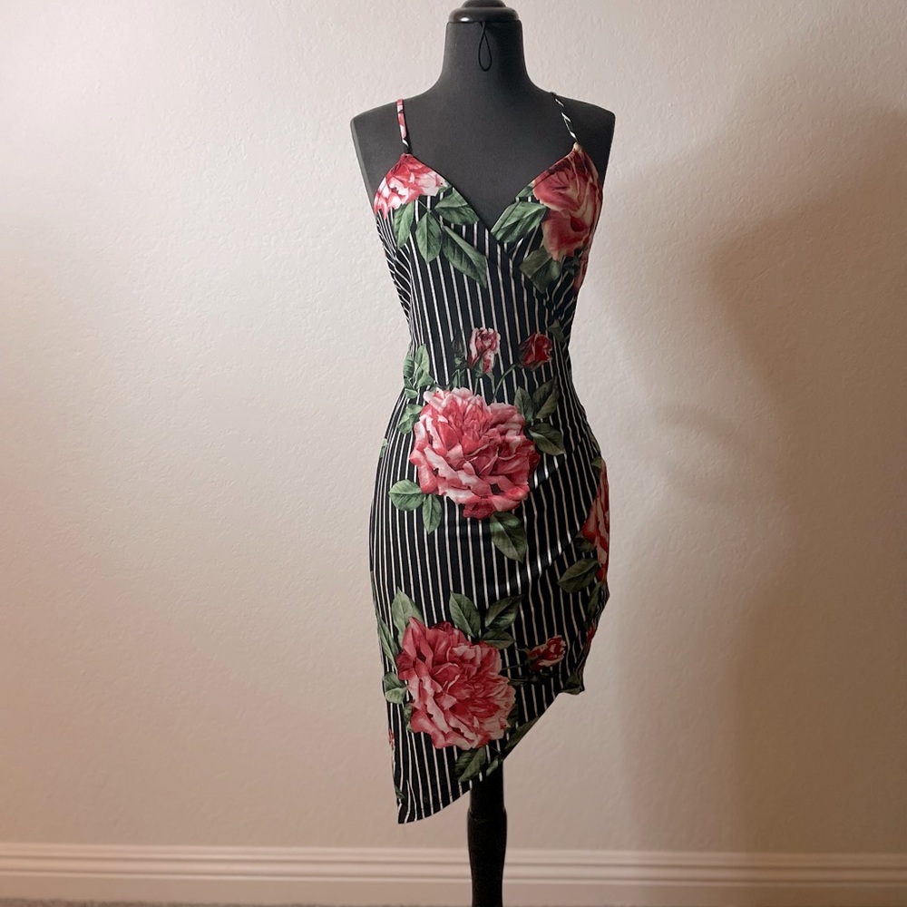 Floral & pin stripe Bodycon spaghetti strap dress